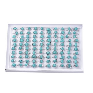 Turquoise (Synthetic) Rings Platinum Mixed Size - 100 Pcs Boxed